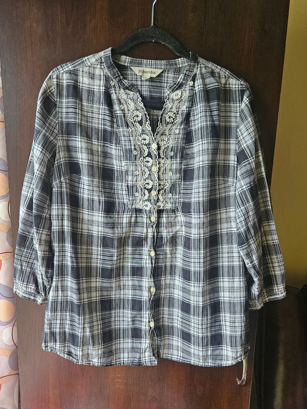 St. John's Bay Black and White Plaid Button-Down Top with Lace Bib Size XL